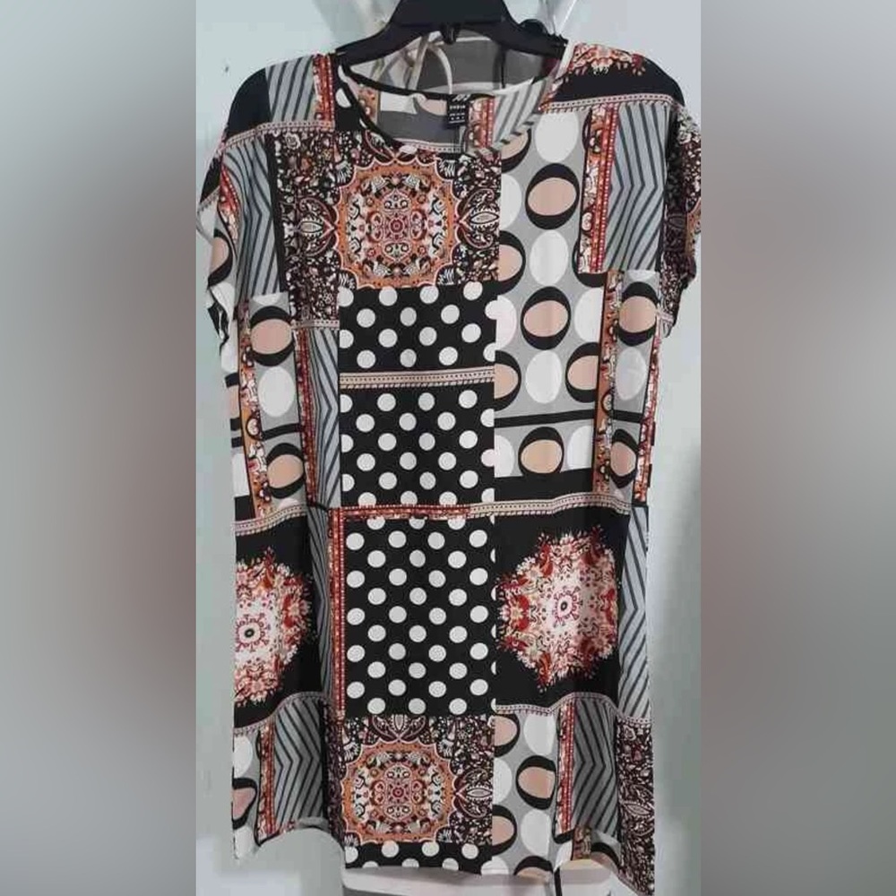 Polka Dot & Mandala Print Dolman Sleeve Tunic Dress